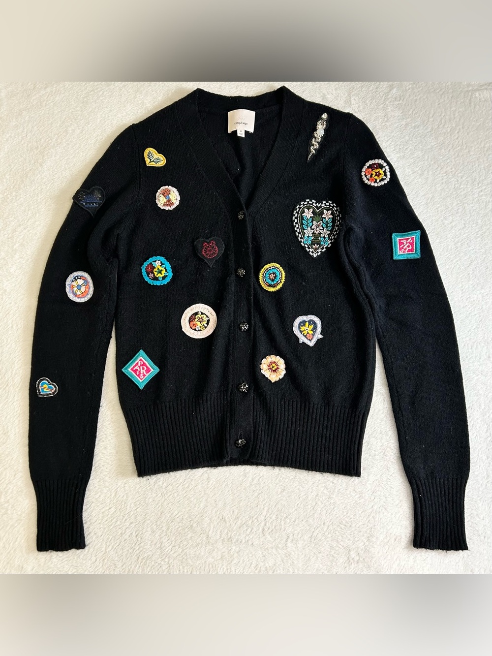 Black Embroidered Patch Cardigan Sweater